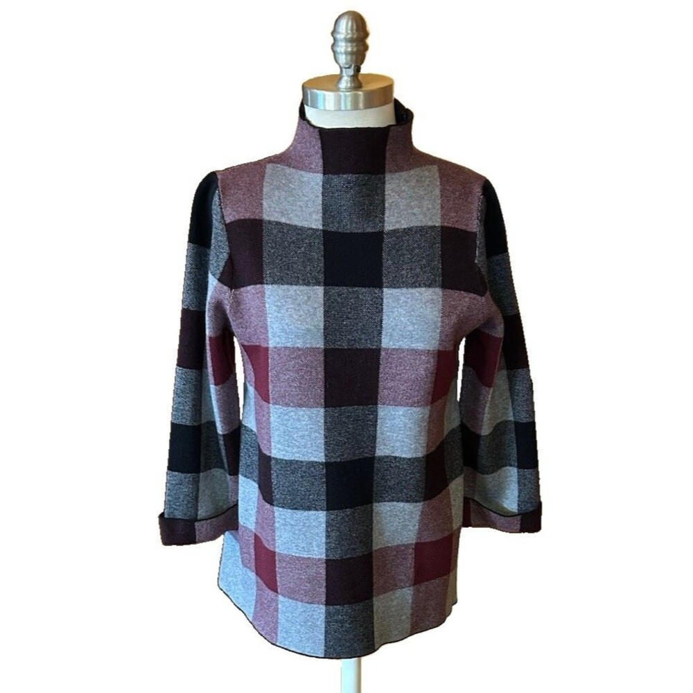 Tahari Burgundy Check Funnel Neck Sweater Top Sz Large Thick Cozy Cuffed Sleeves